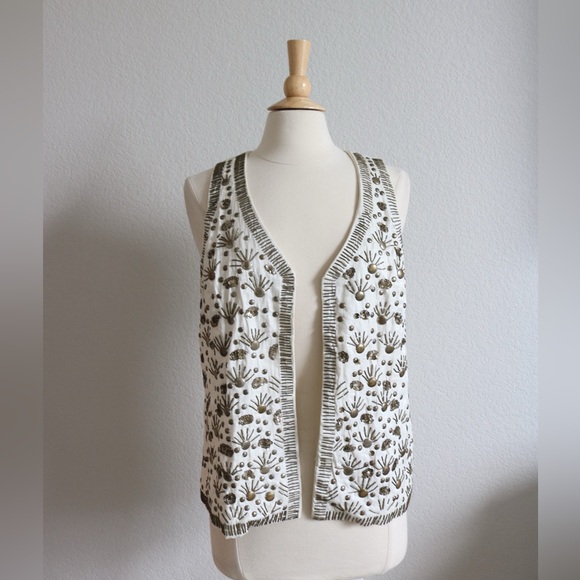 Chico's | Ivory Satin Beaded Boho Vest - Picture 1 of 5